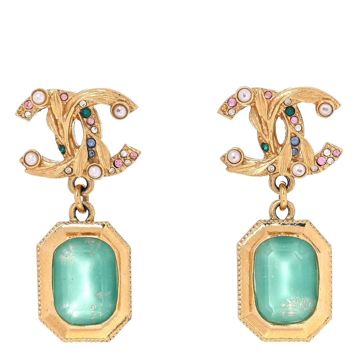 Crystal Pearl Glitter CC Drop Earrings Gold Green