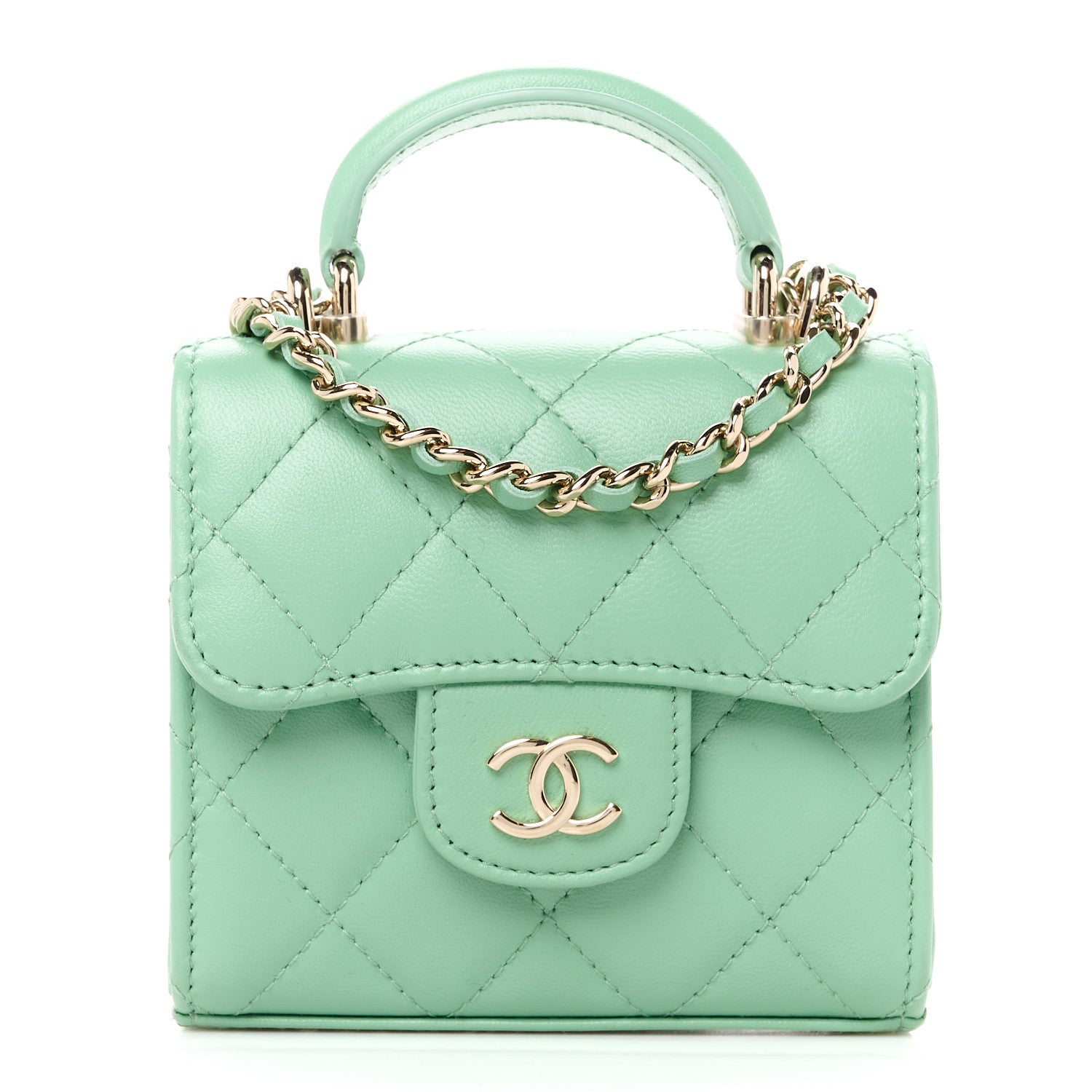 Chanel Lambskin Quilted Top Handle Flap Clutch With Chain Light Green 1 of 11