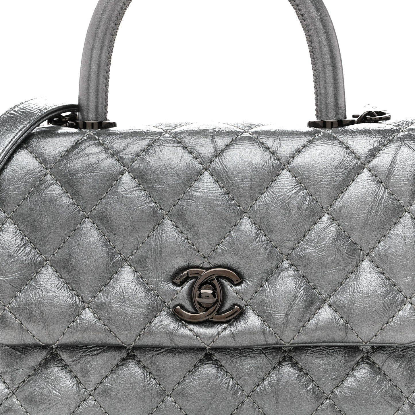 Metallic Aged Calfskin Quilted Mini Coco Handle Flap Charcoal