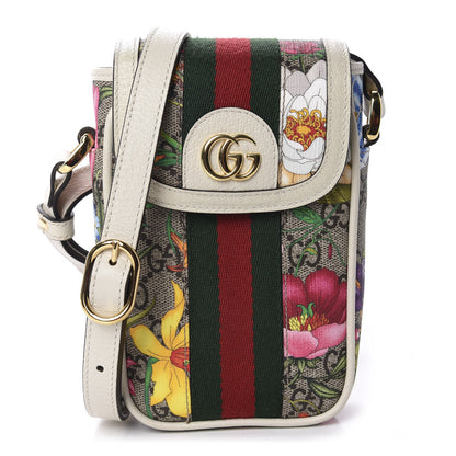 Gucci GG Supreme Monogram Flora Web Ophidia Phone Crossbody Bag White 1 of 11