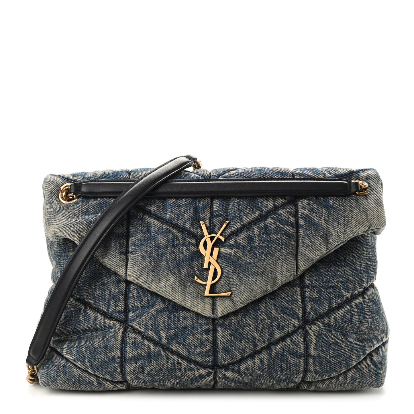 Denim Quilted Medium Loulou Puffer Monogram Chain Satchel Blue Black
