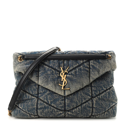 Saint Laurent Denim Quilted Medium Loulou Puffer Monogram Chain Satchel Blue Black 1 of 9