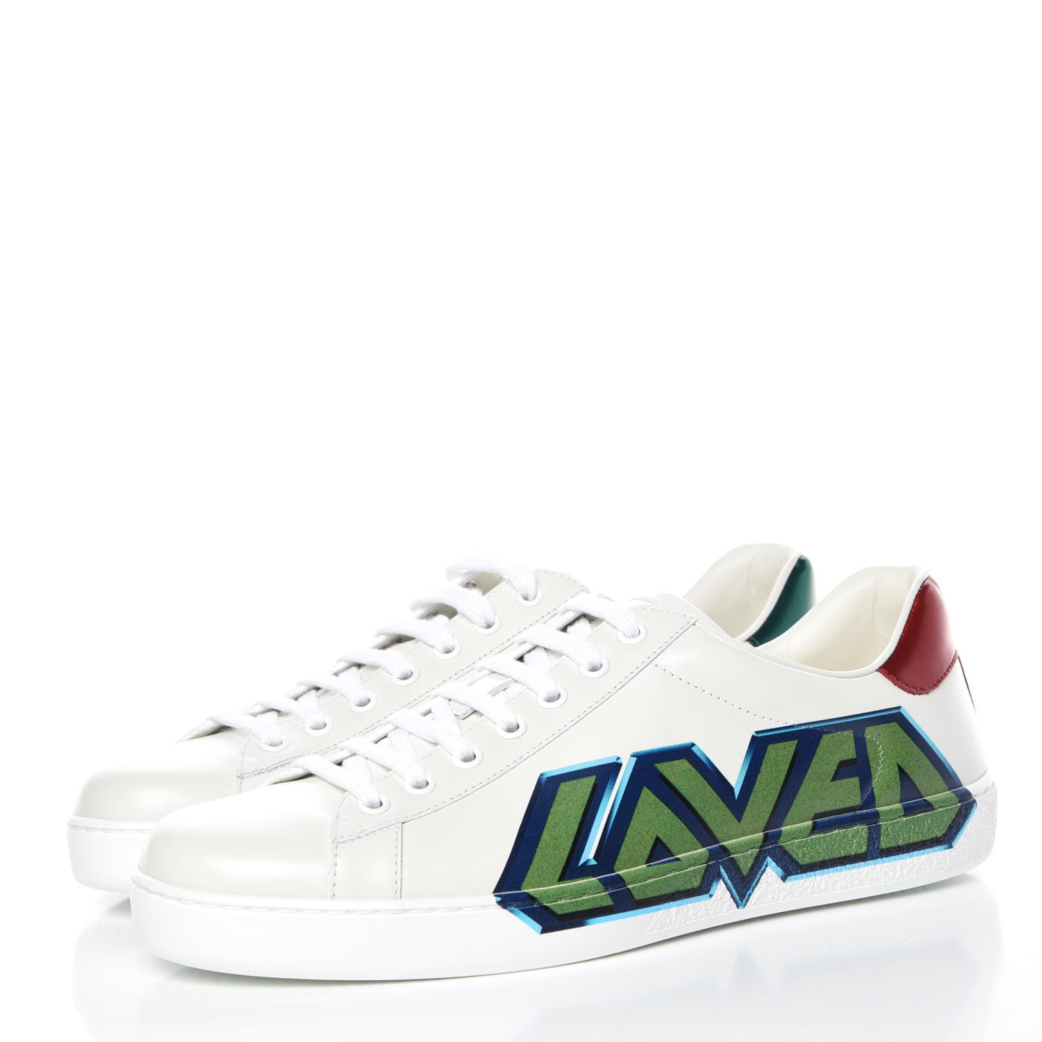 Gucci Calfskin Nappa LOVED Print Mens Ace Sneakers 7 White Red Flame Green 3 of 9