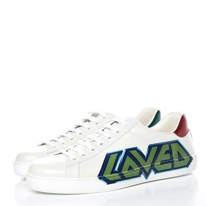 Gucci Calfskin Nappa LOVED Print Mens Ace Sneakers 7 White Red Flame Green 3 of 9