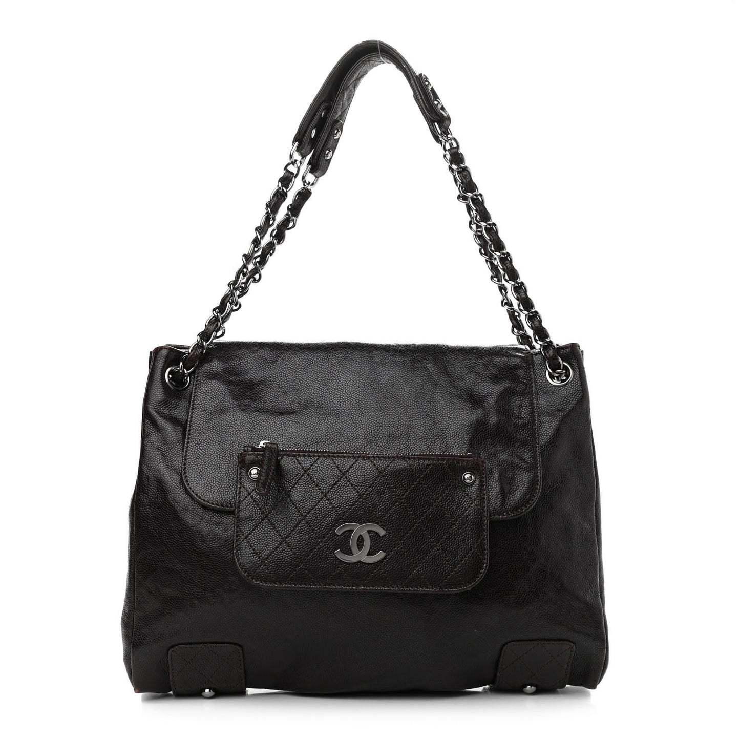 Glazed Caviar Pocket In The City Tote Dark Brown