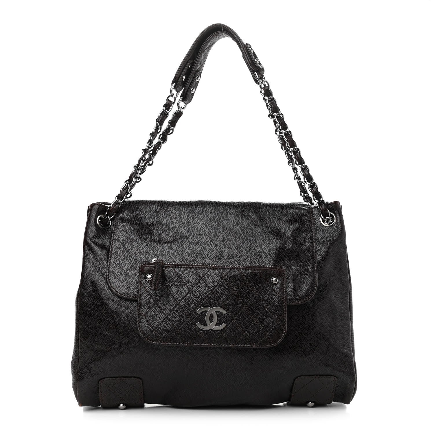 Chanel Glazed Caviar Pocket In The City Tote Dark Brown 1 of 10