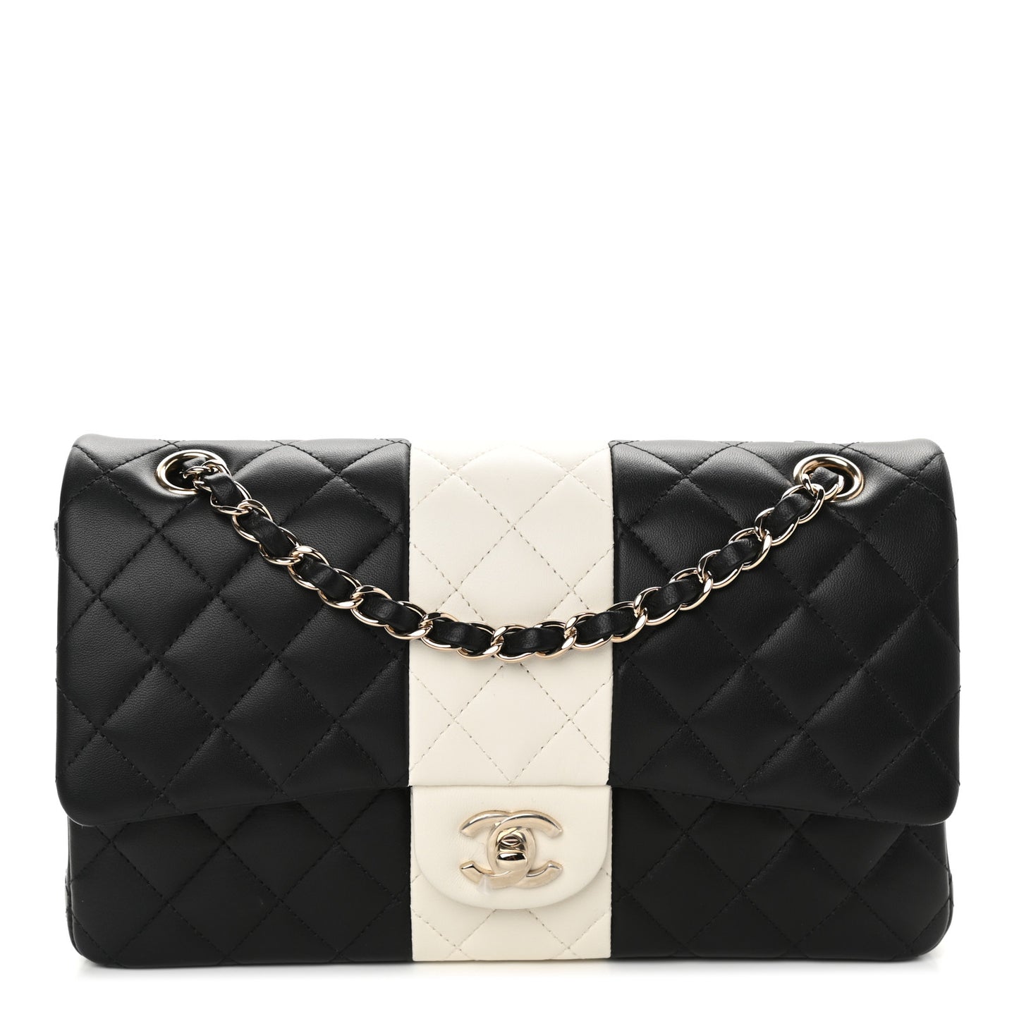 Lambskin Quilted Medium Double Flap Black White