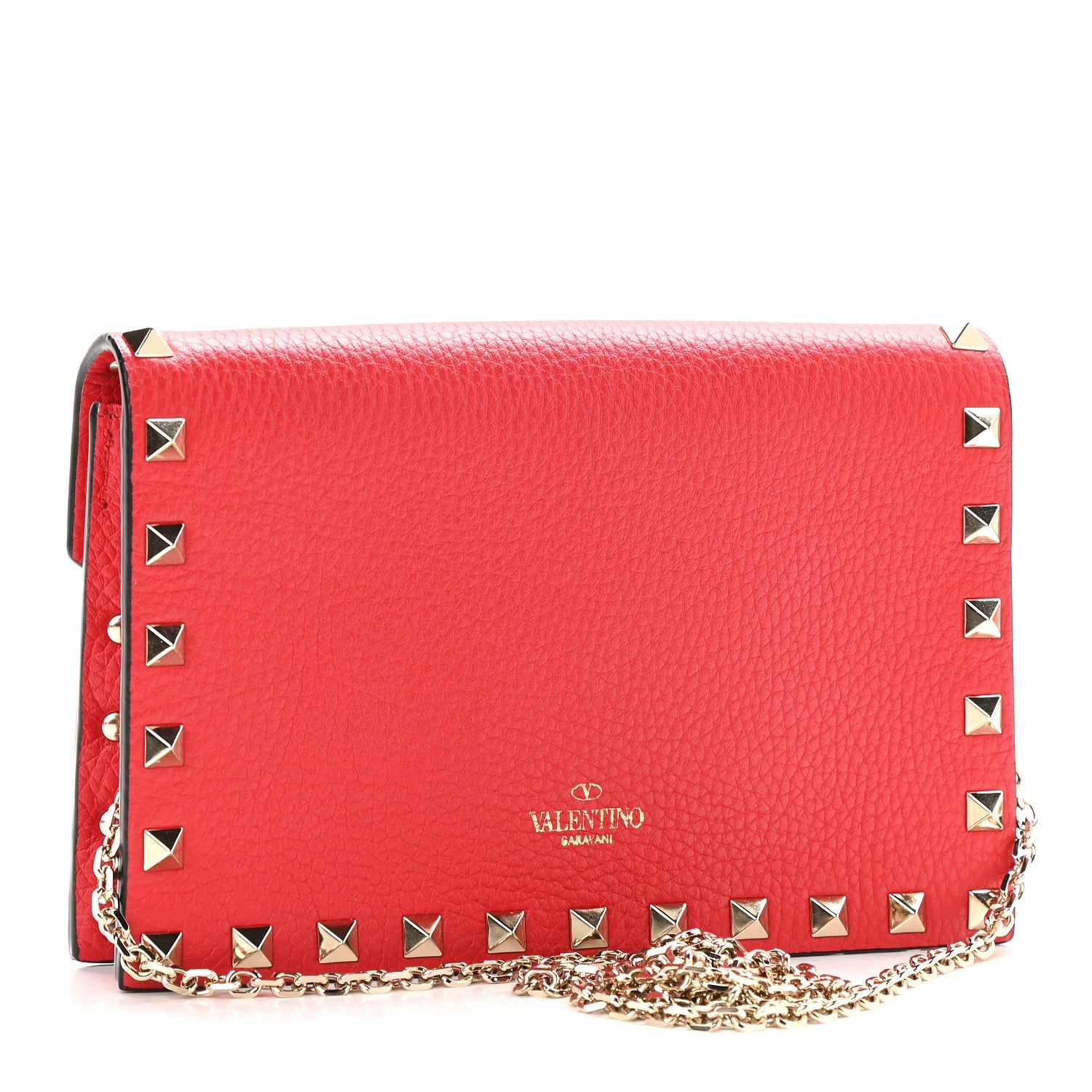 Valentino Garavani Pebbled Calfskin Rockstud Envelope Wallet on Chain Rouge Pur 2 of 8