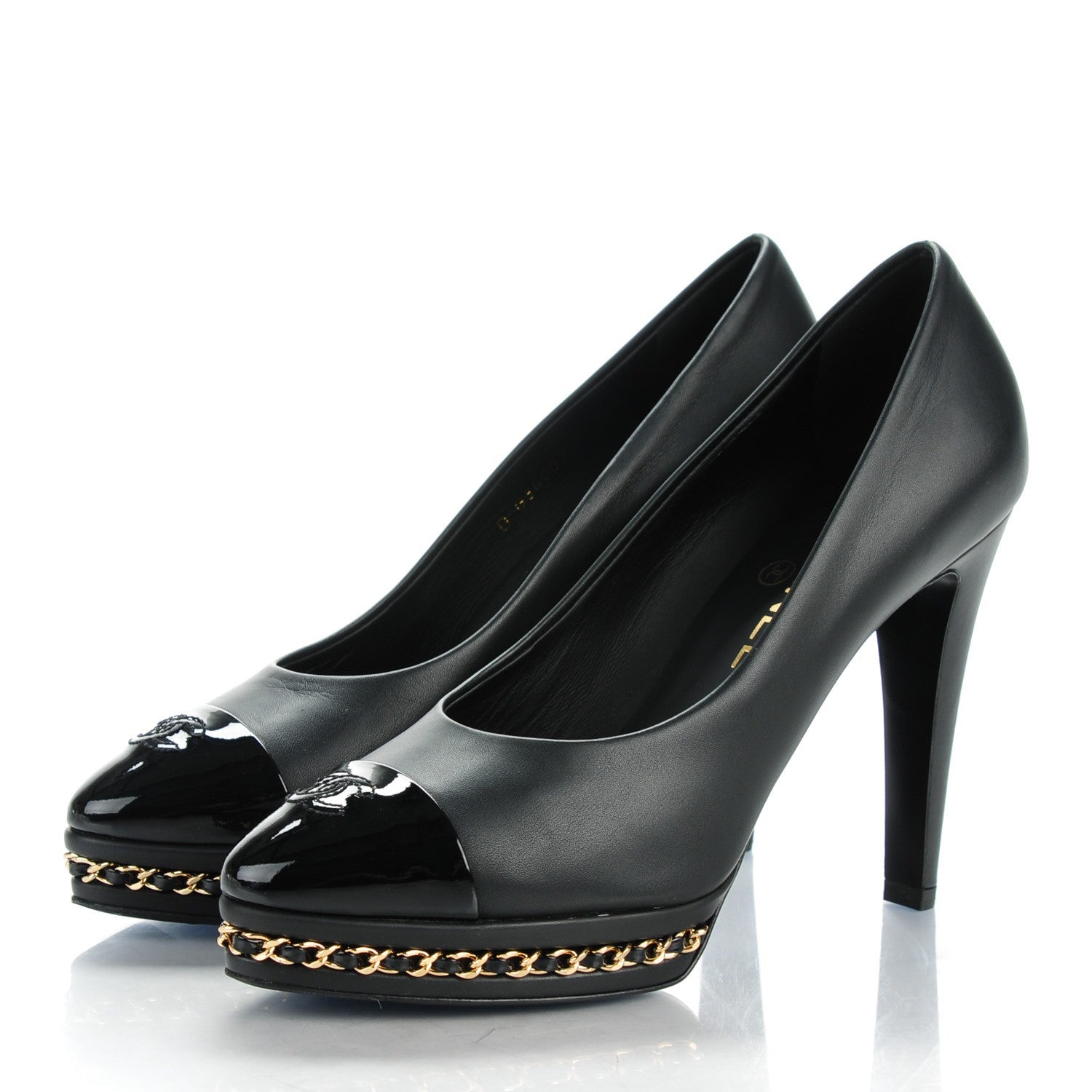 Chanel Calfskin Patent Cap Toe Chain Pumps 37.5 Black 3 of 9