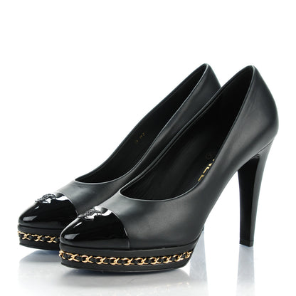 Chanel Calfskin Patent Cap Toe Chain Pumps 37.5 Black 3 of 9