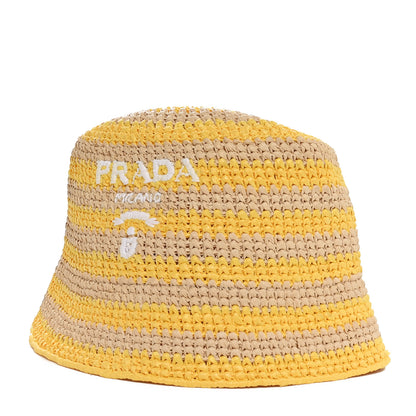 Prada Raffia Striped Logo Embroidered Womens Bucket Hat M Naturale Giallo 1 of 8