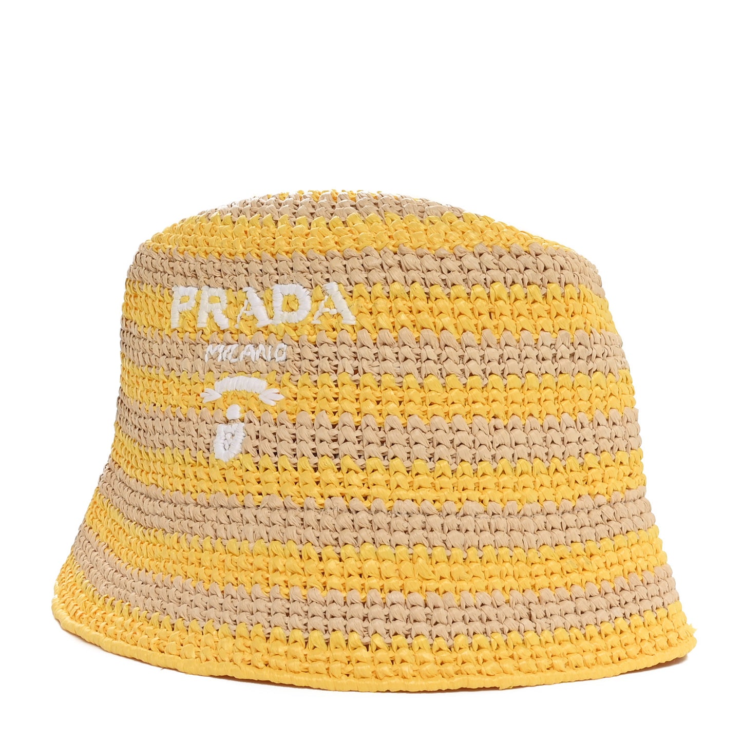 Raffia Striped Logo Embroidered Womens Bucket Hat M Naturale Giallo