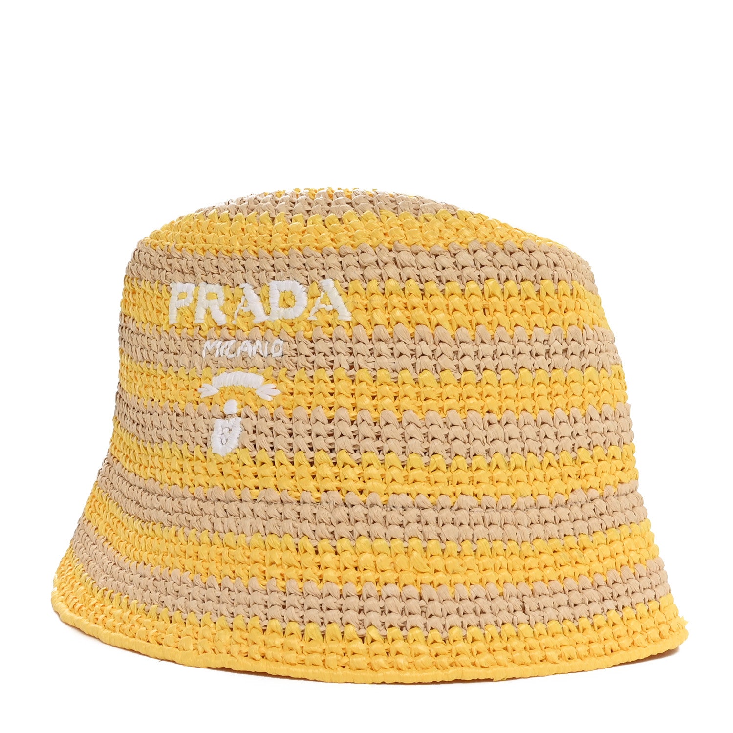 Prada Raffia Striped Logo Embroidered Womens Bucket Hat M Naturale Giallo 1 of 8