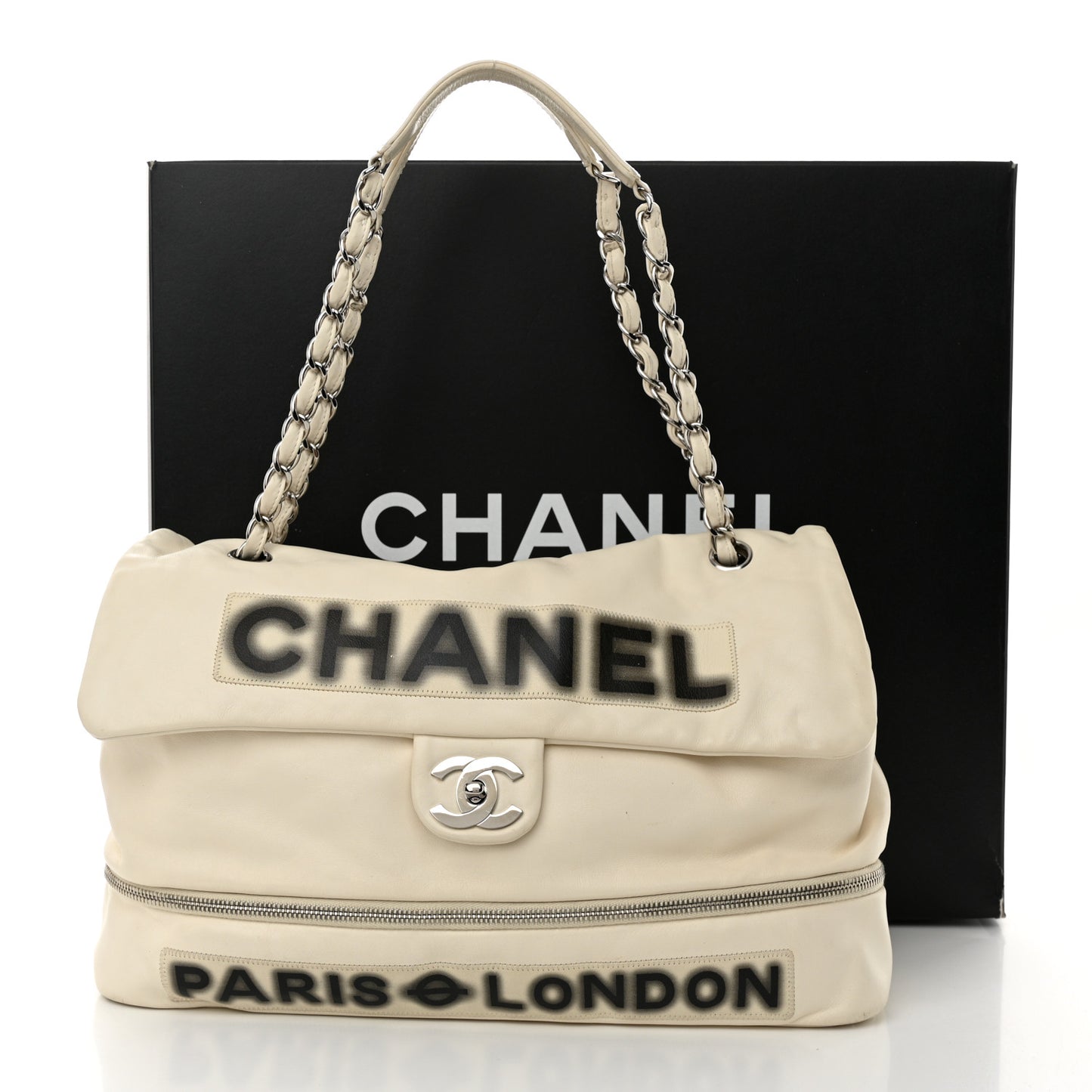 Calfskin Large Expandable Paris London Flap Bag White