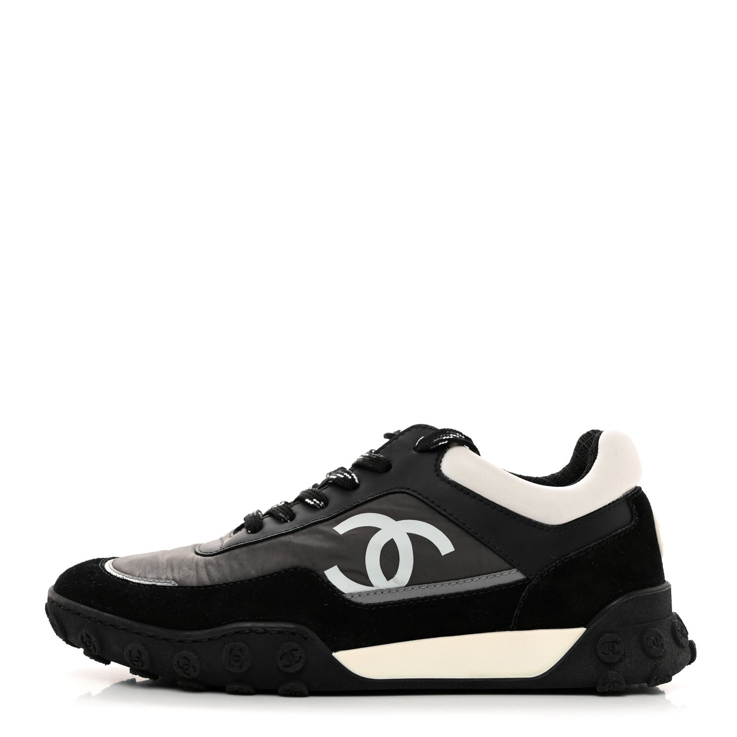Chanel Nylon Calfskin Suede Womens CC Sneakers 37 Black Grey White 1 of 8