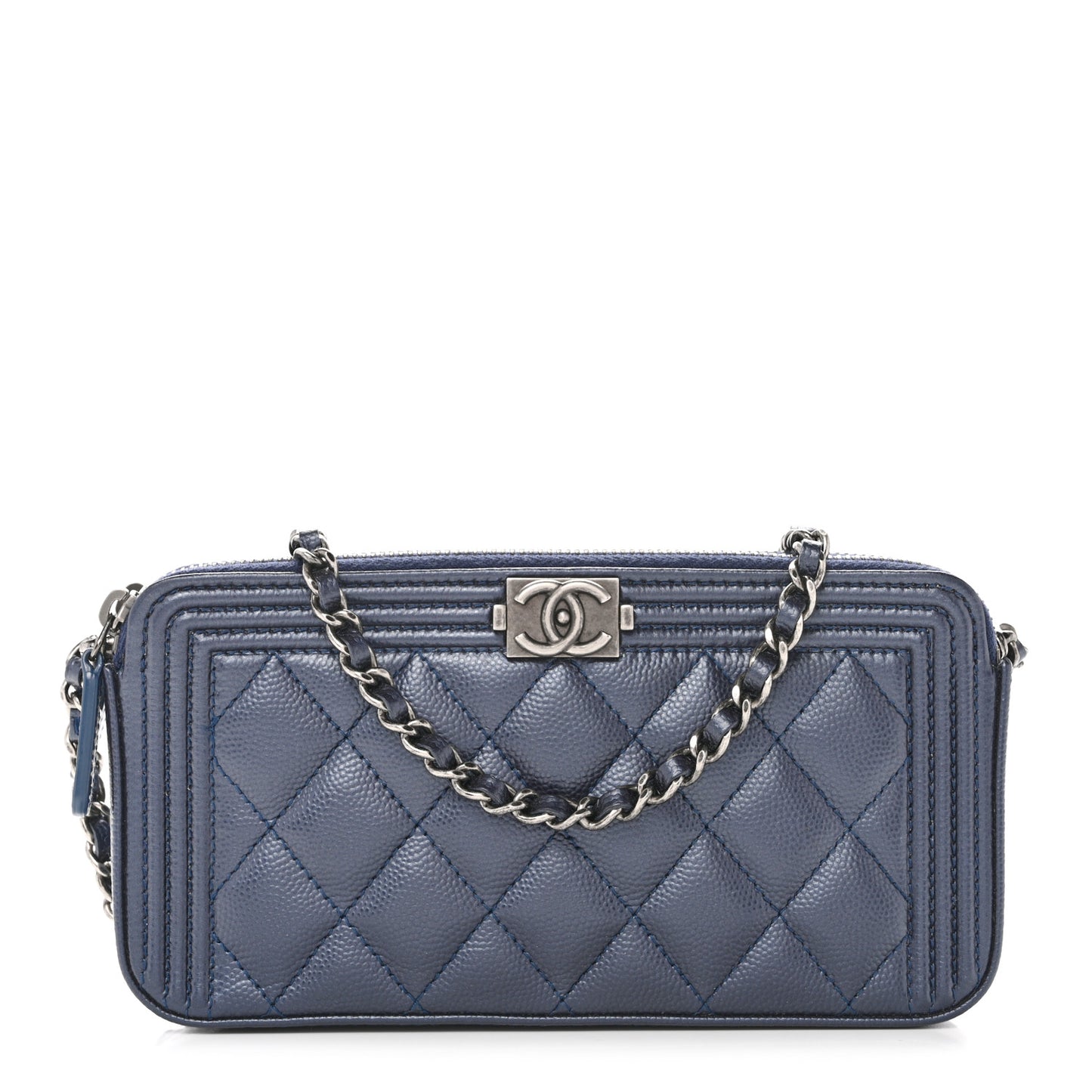 Metallic Caviar Quilted Small Boy Clutch With Chain Navy