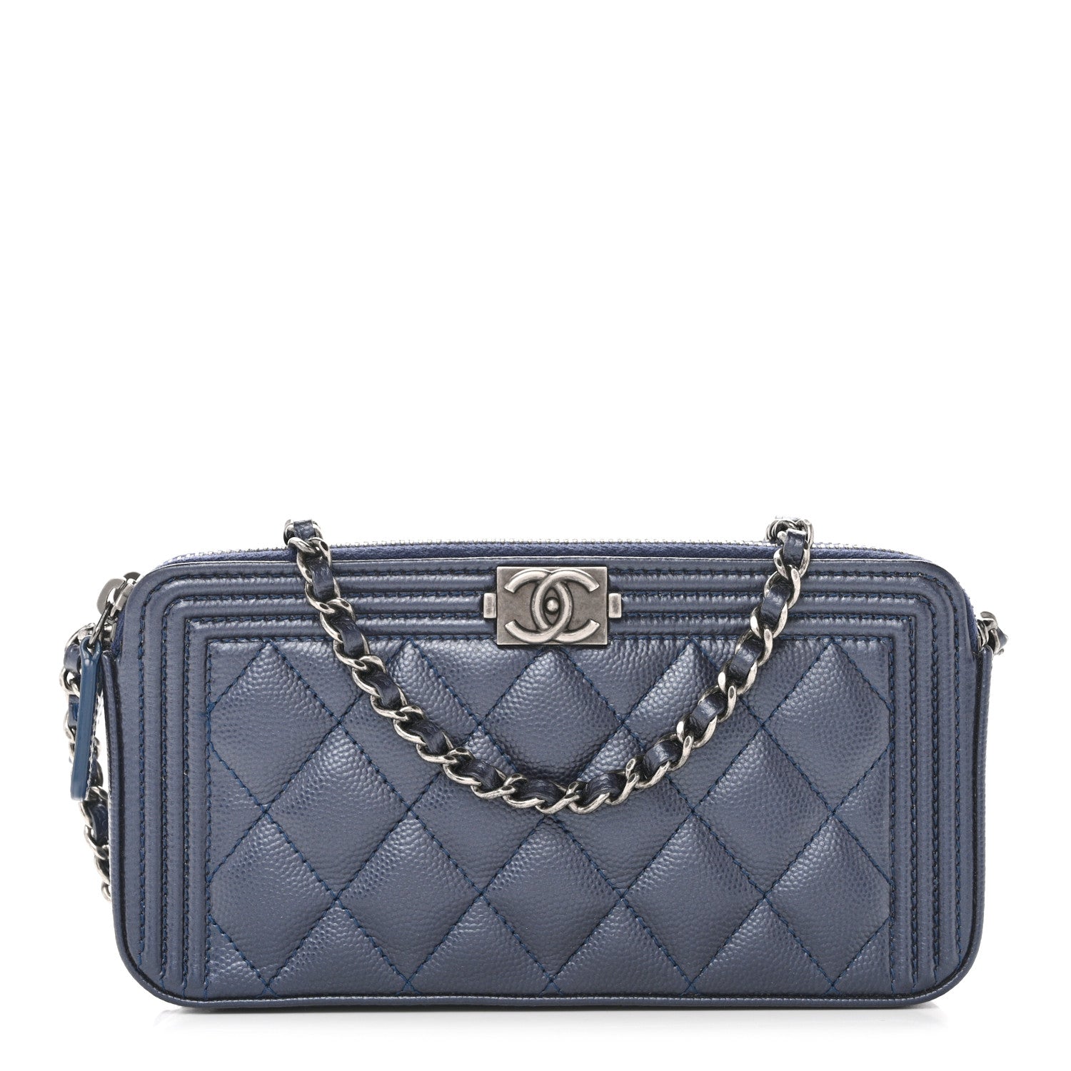 Chanel Metallic Caviar Quilted Small Boy Clutch With Chain Navy 1 of 13