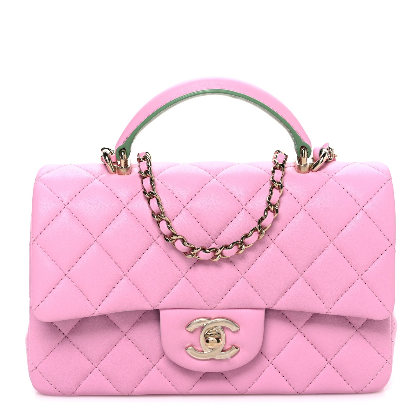 Lambskin Quilted Mini Top Handle Rectangular Flap Pink Green