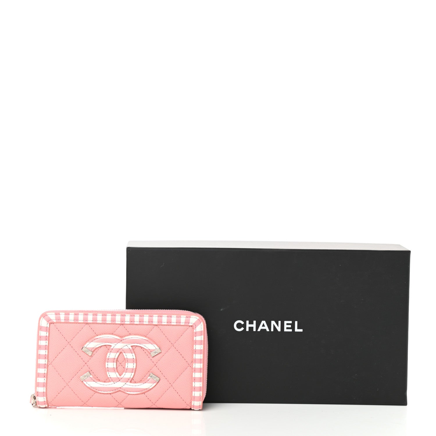 Chanel Caviar Quilted Medium Stripe Filigree Zip Around Wallet Pink White 9 of 9