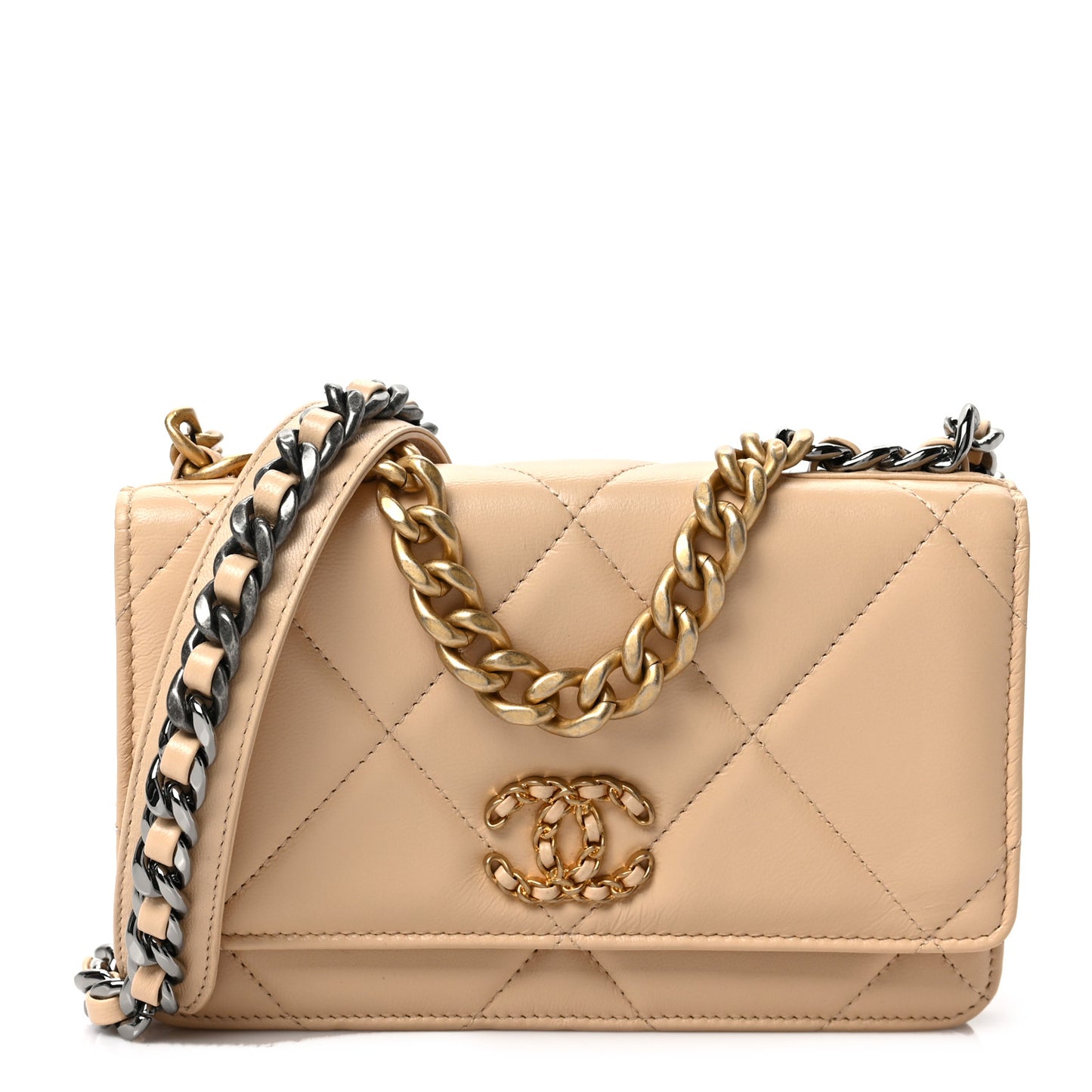 Lambskin Quilted Chanel 19 Wallet On Chain WOC Beige