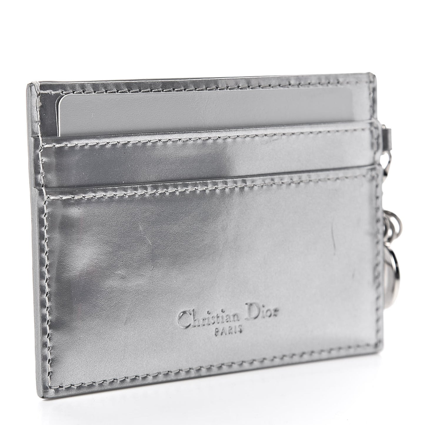 Metallic Patent Micro-Cannage Lady Dior Card Holder Silver