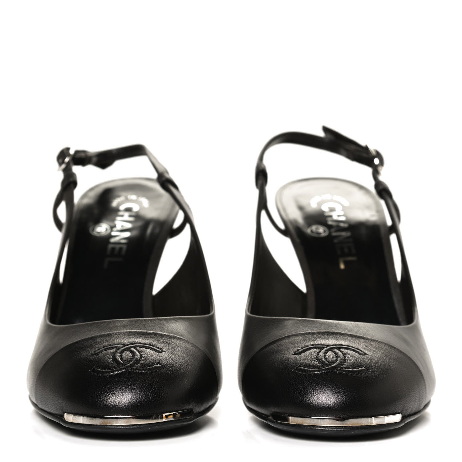 Chanel Lambskin Cap Toe CC Slingback Heels 39.5 Grey Black 2 of 11