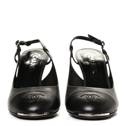 Chanel Lambskin Cap Toe CC Slingback Heels 39.5 Grey Black 2 of 11