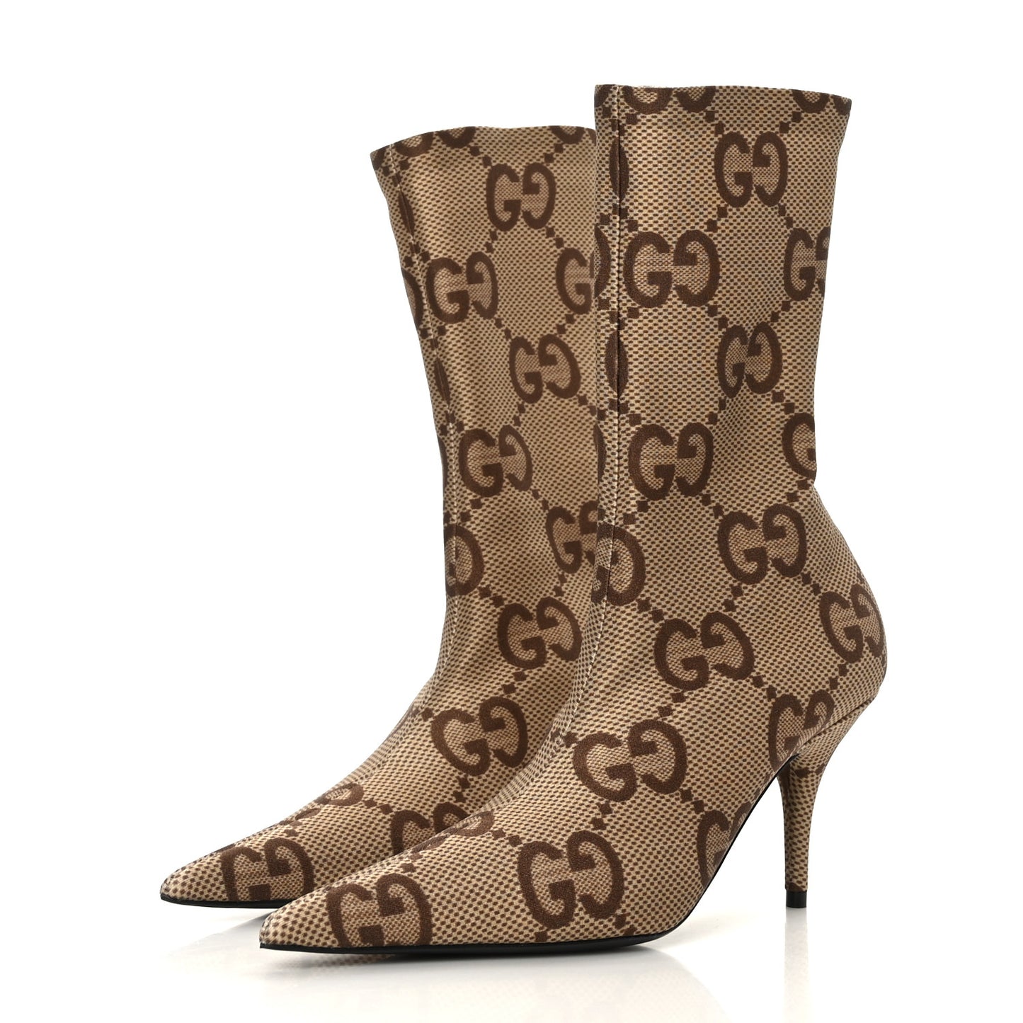 X GUCCI Jersey Maxi GG Monogram Crepe Knife Booties 35 Camel Ebony