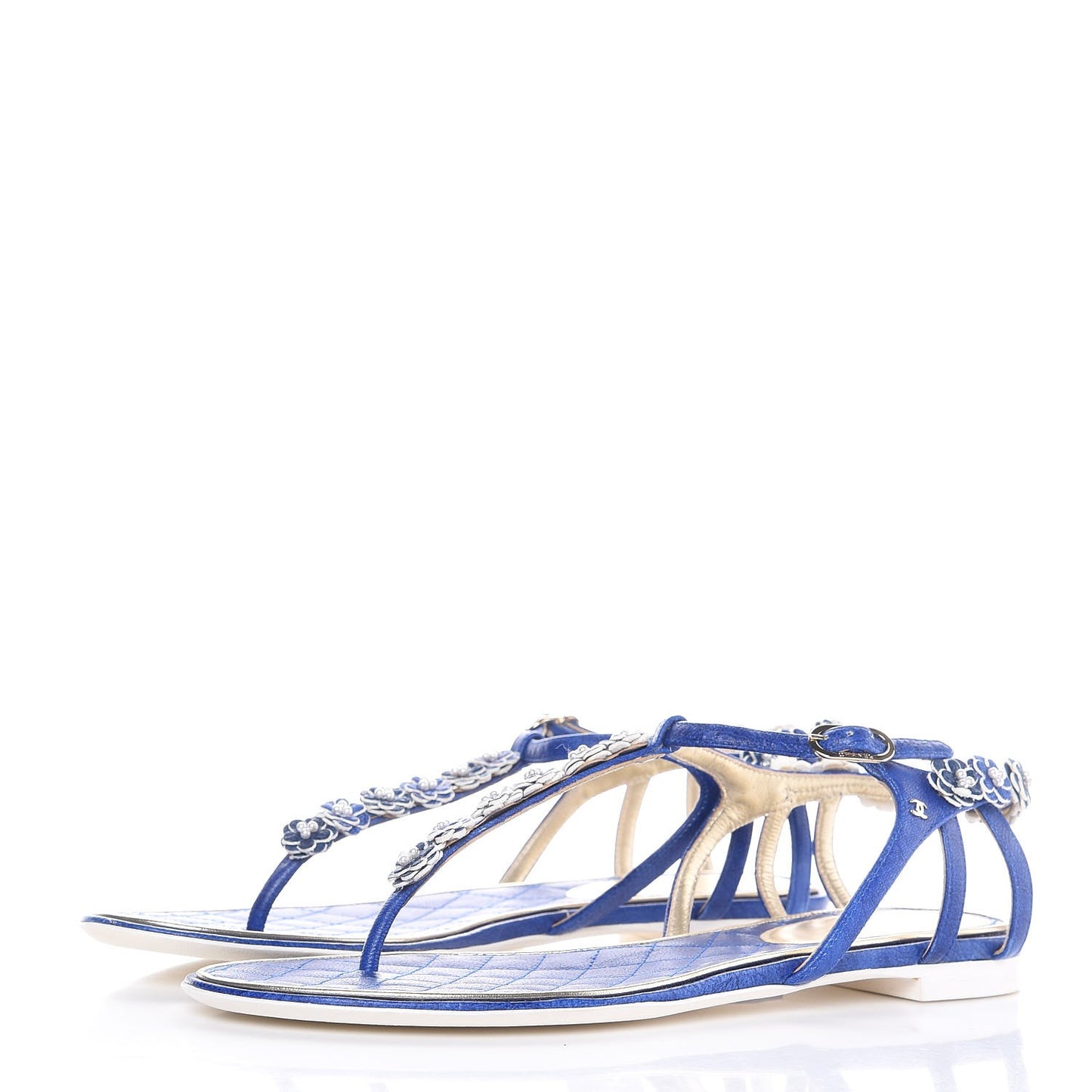 Goatskin Pearl Camellia Thong Sandals 40 Dark Blue