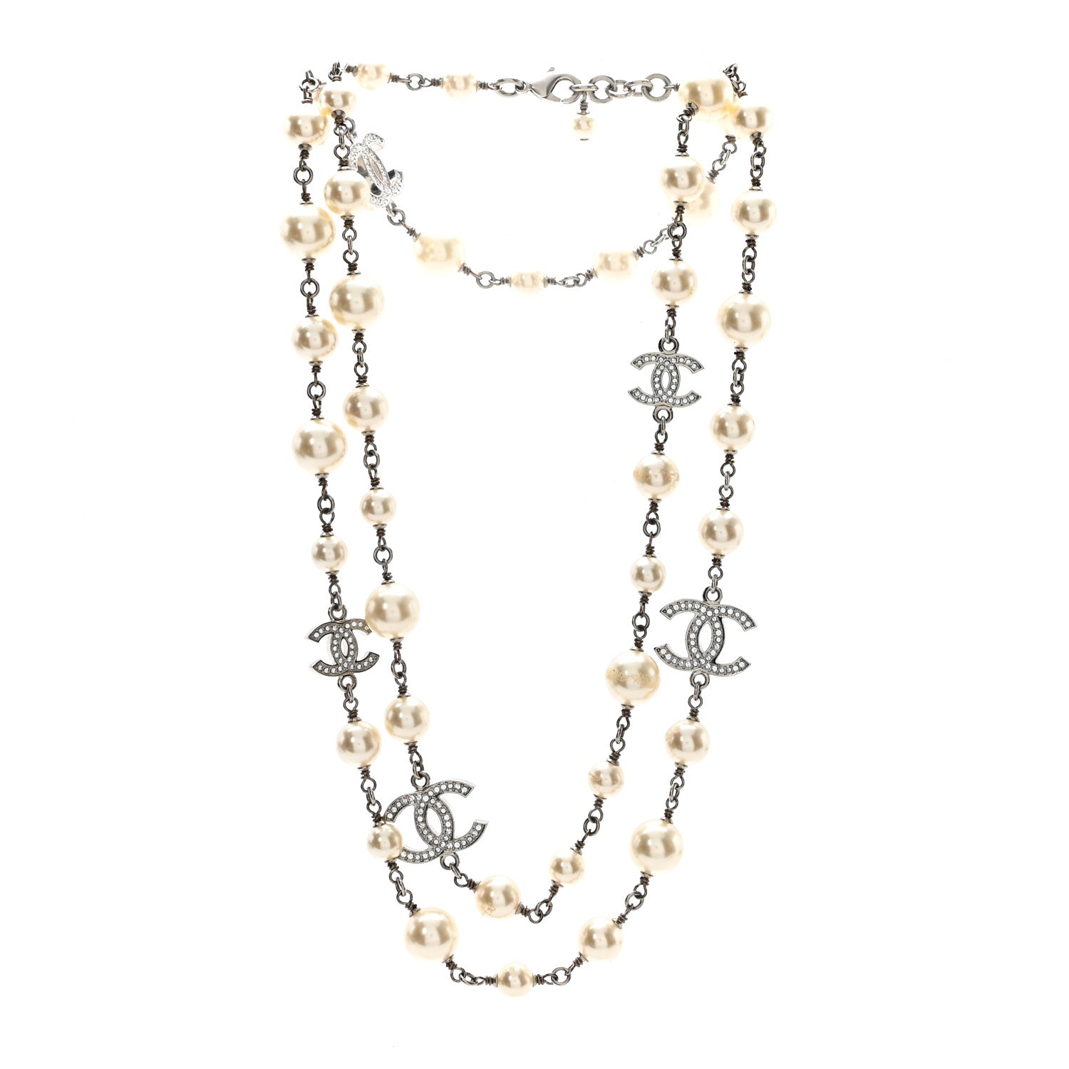 Chanel Crystal Pearl CC Long Necklace Silver 3 of 6