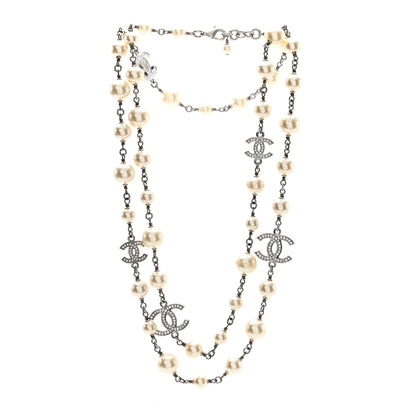 Chanel Crystal Pearl CC Long Necklace Silver 3 of 6