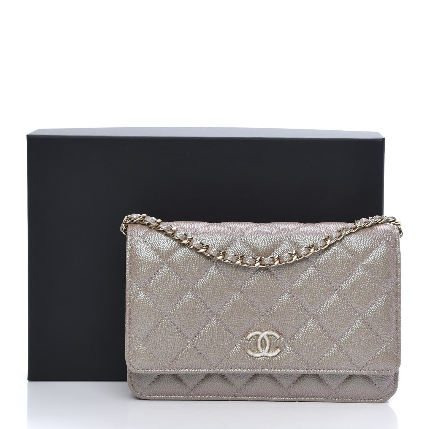 Iridescent Caviar Quilted Wallet On Chain WOC Beige