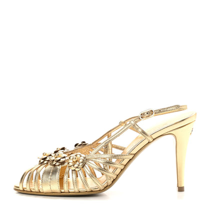 Chanel Laminated Lambskin Camellia Sandals 39 Gold 1 of 10