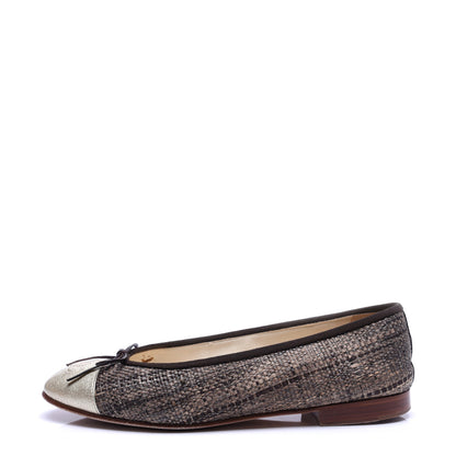 Chanel Tweed Metallic Lambskin CC Cap Toe Ballerina Flats 38 Gold 1 of 15