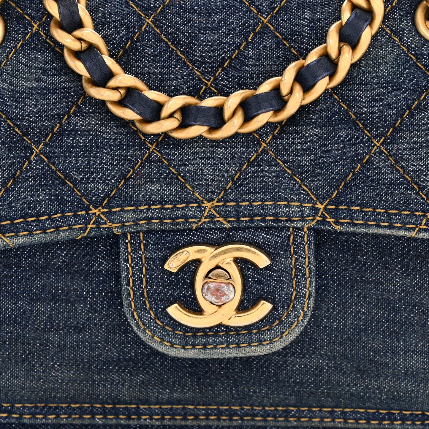 Denim Quilted Double You Mini Flap Blue Golden