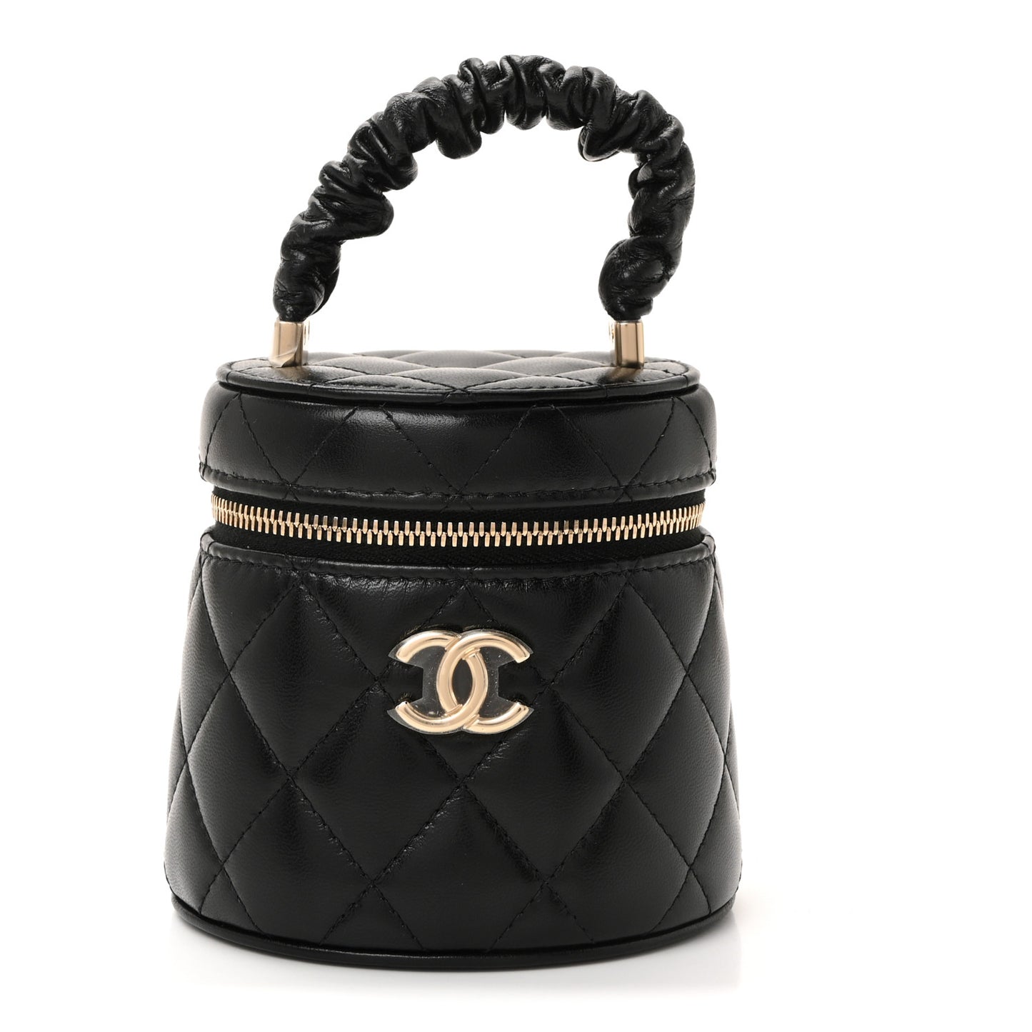 Lambskin Quilted Ruched Handle Vanity Case Black