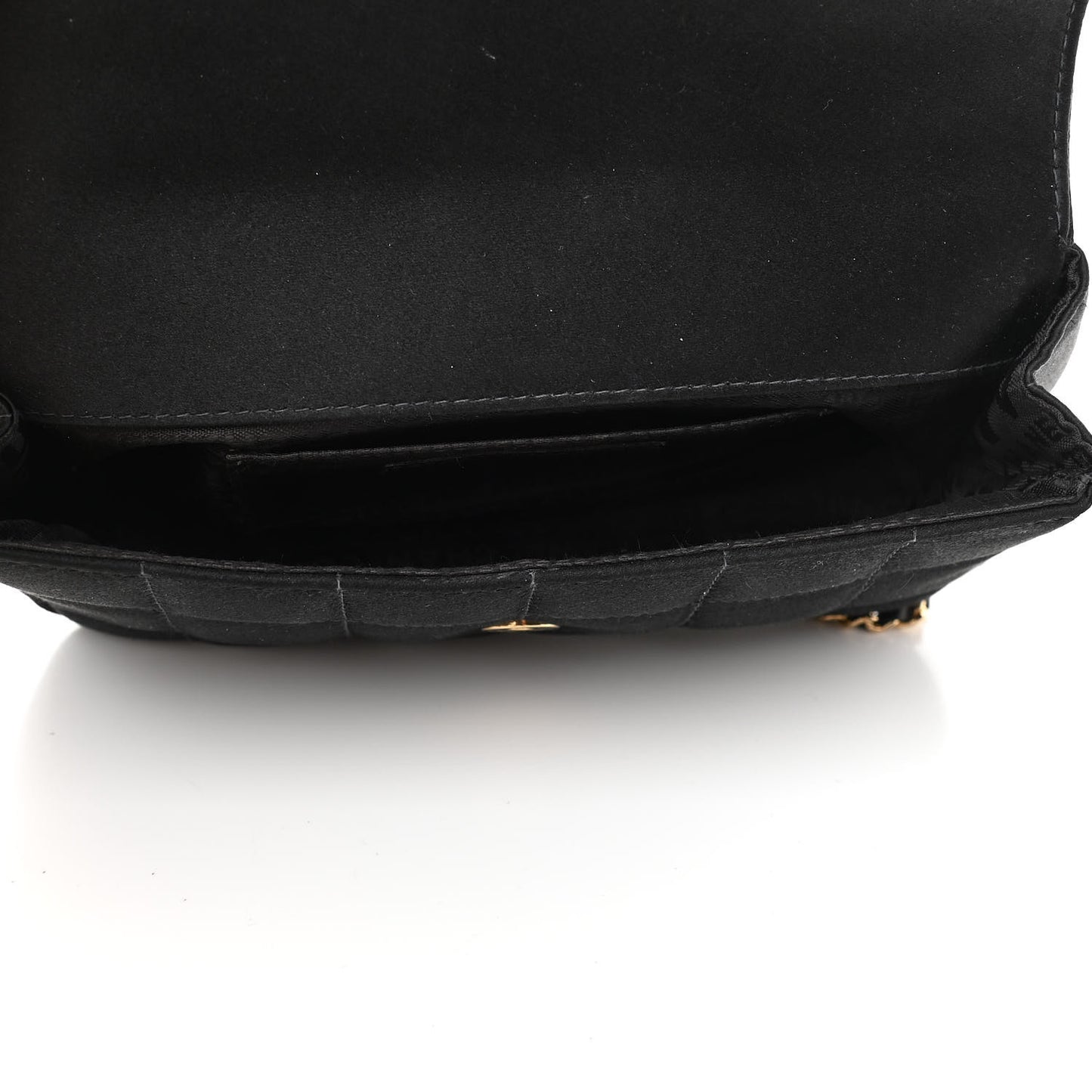 Satin Chocolate Bar Quilted Camellia Rectangular Mini Flap Black