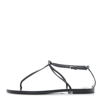 Valentino Garavani Calfskin Nude Rockstud T Strap Flat Thong Sandals 36 Black 1 of 9