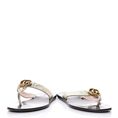 Gucci Nappa Silk Galassia GG Marmont Thong Flat Sandals 37 Platino 6 of 14