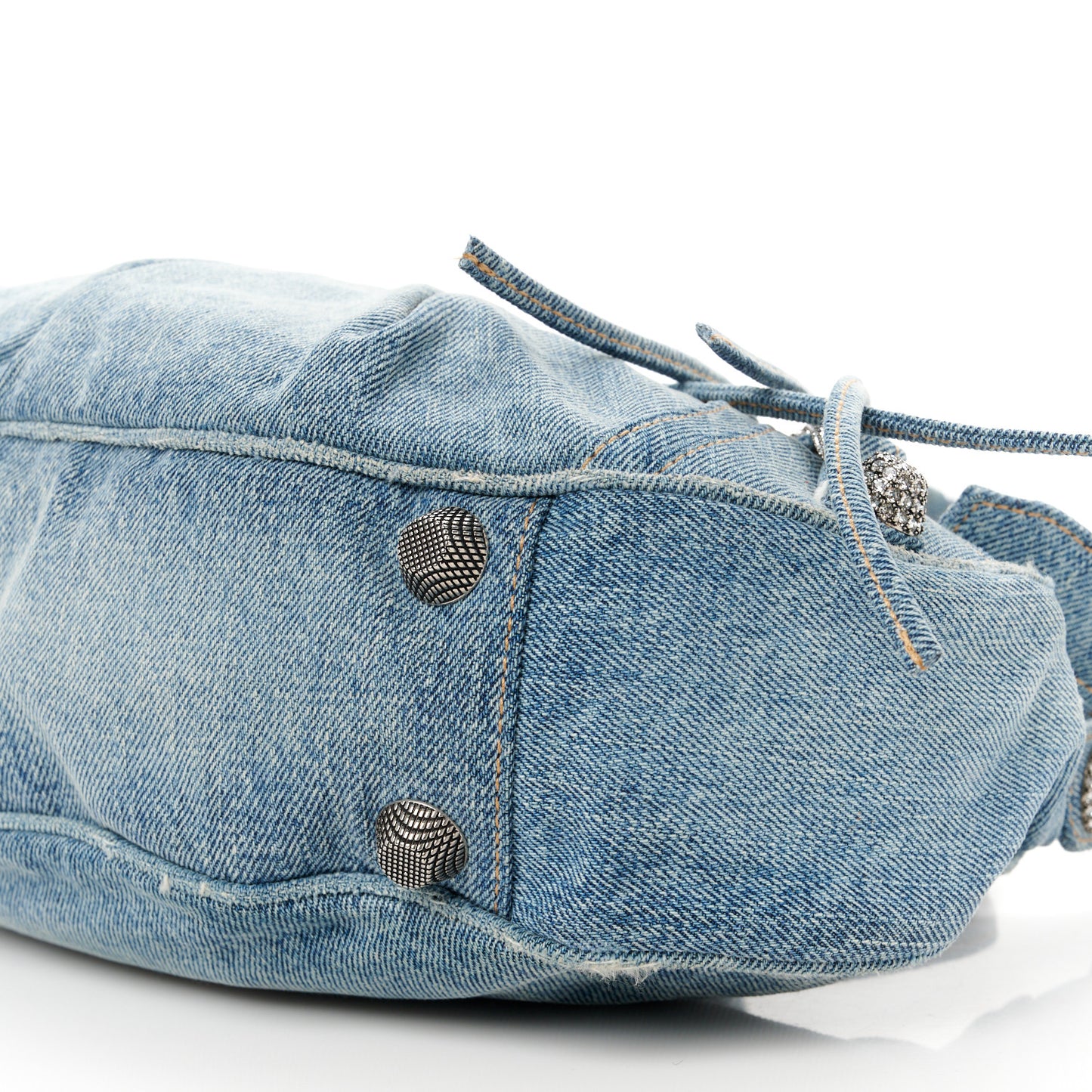 Washed Frayed Denim Crystal Small Le Cagole Shoulder Bag Blue