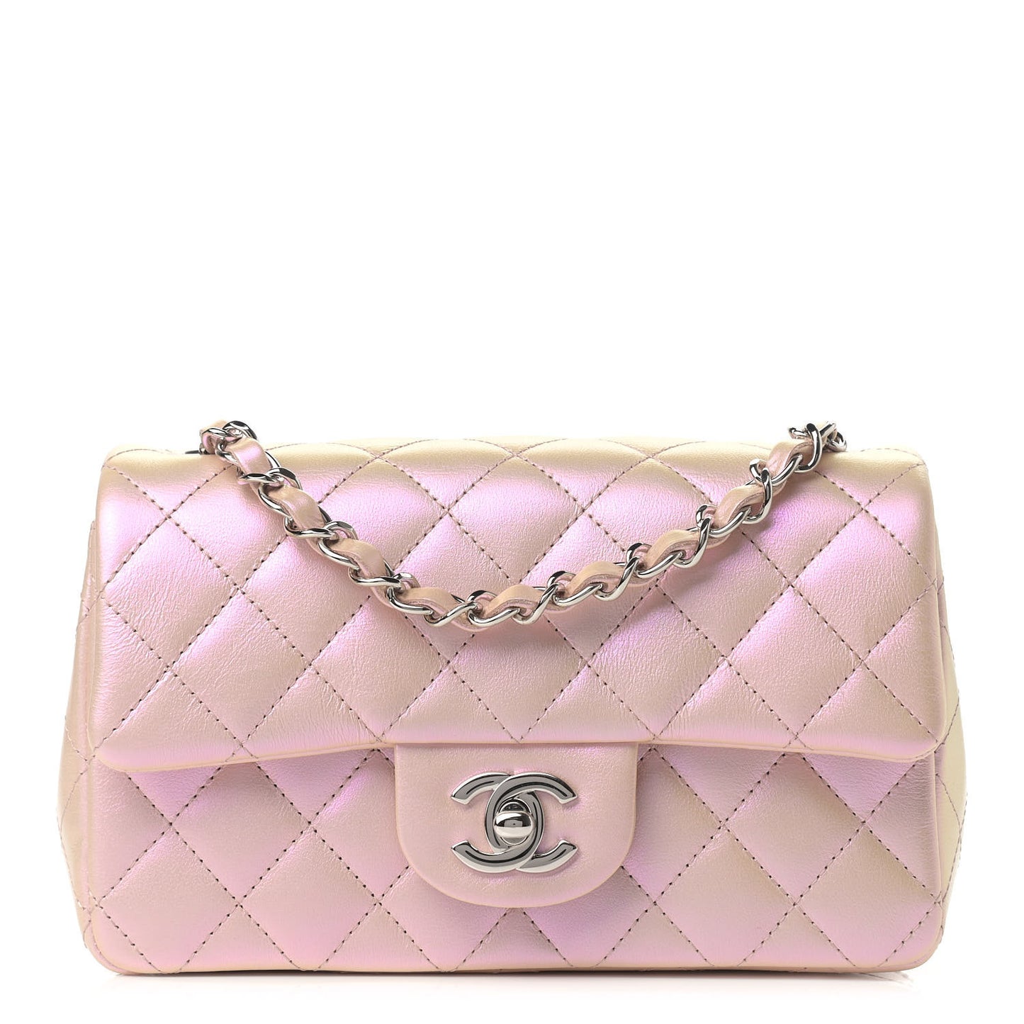 Iridescent Calfskin Quilted Mini Rectangular Flap Pink