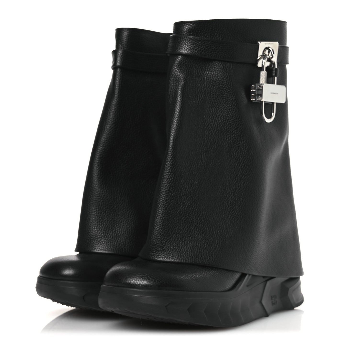 Grained Calfskin Shark Lock Biker Ankle Boots 38 Black