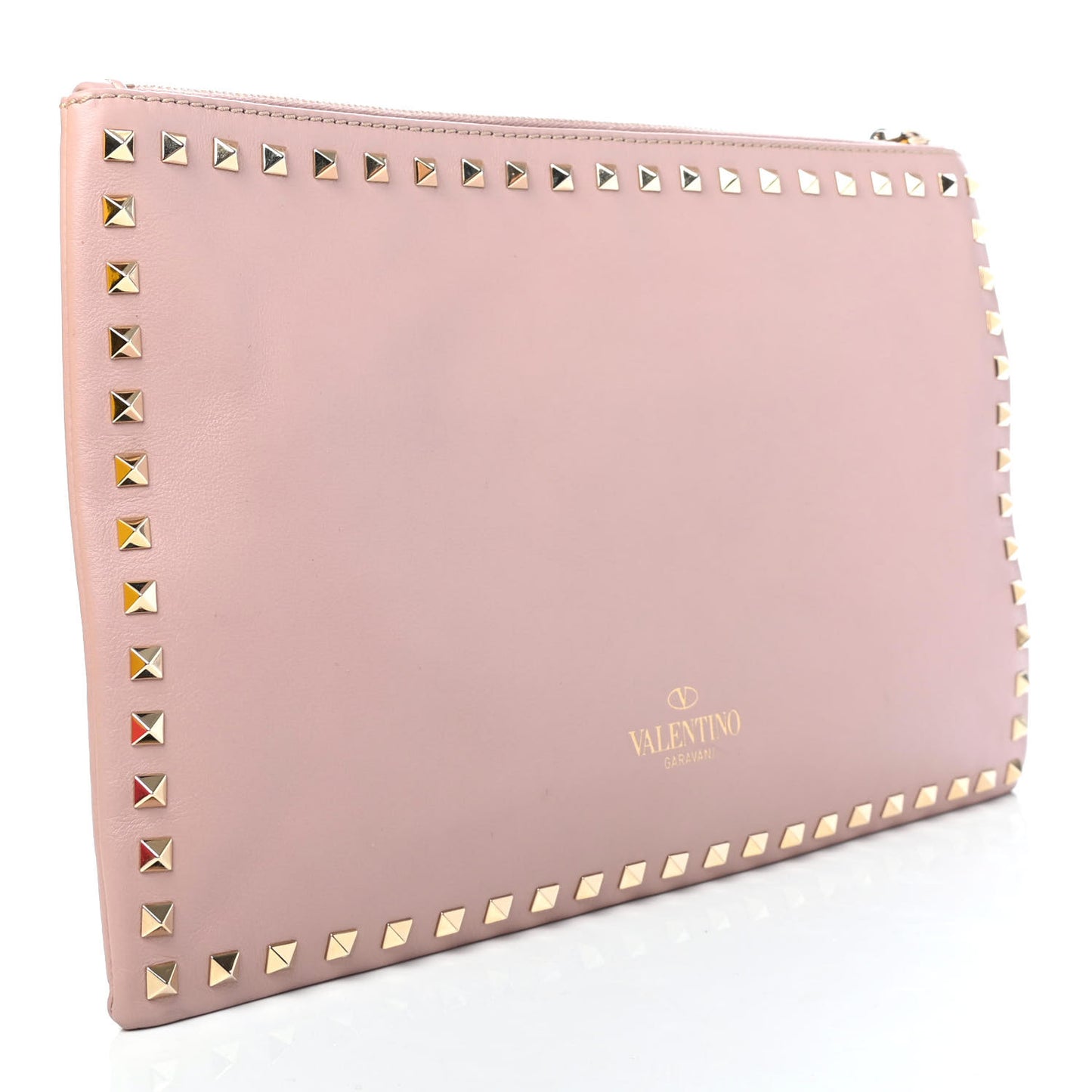 Vitello Large Rockstud Zip Wristlet Pouch Poudre