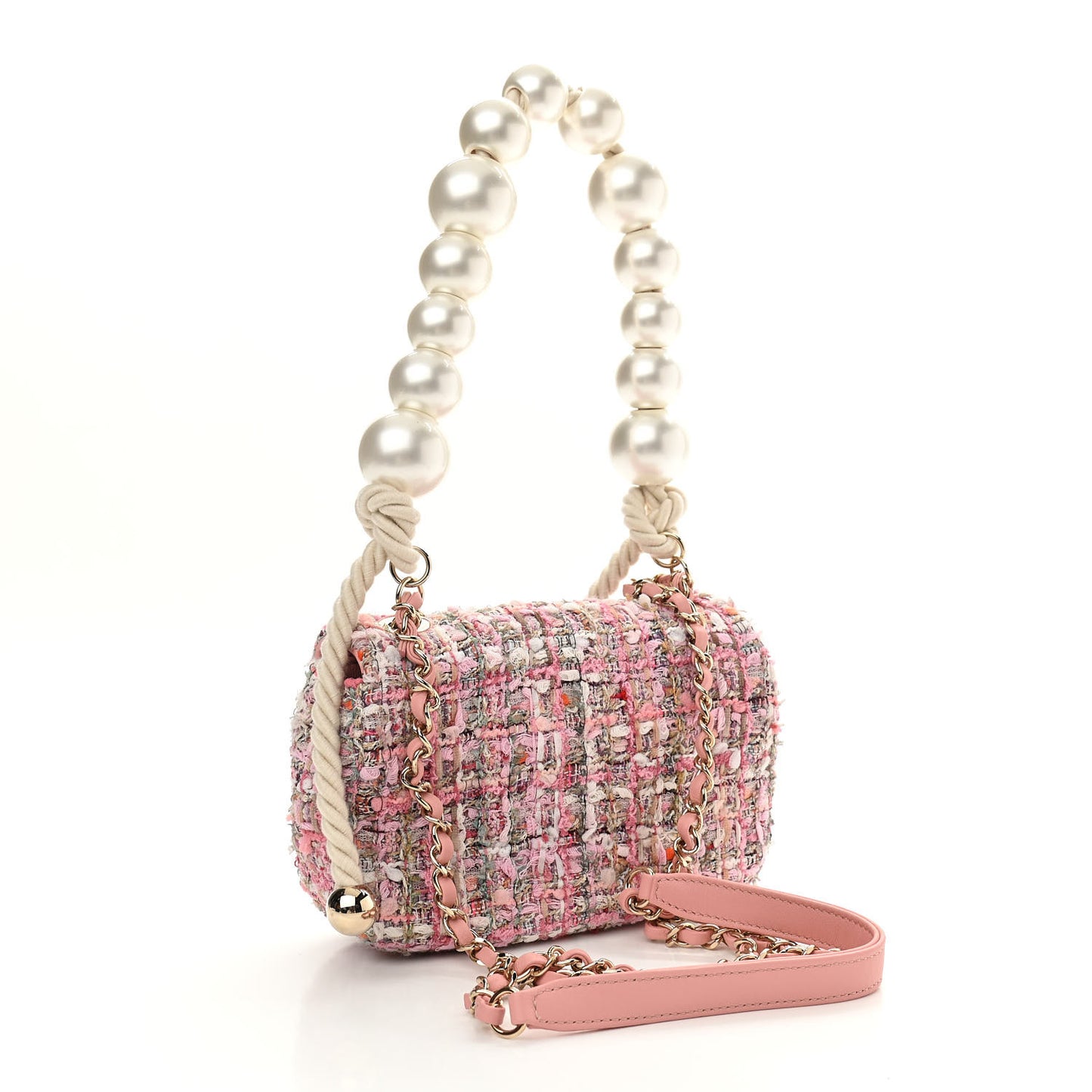 Tweed Mini Pearl Handle Flap Pink Beige Orange Ecru