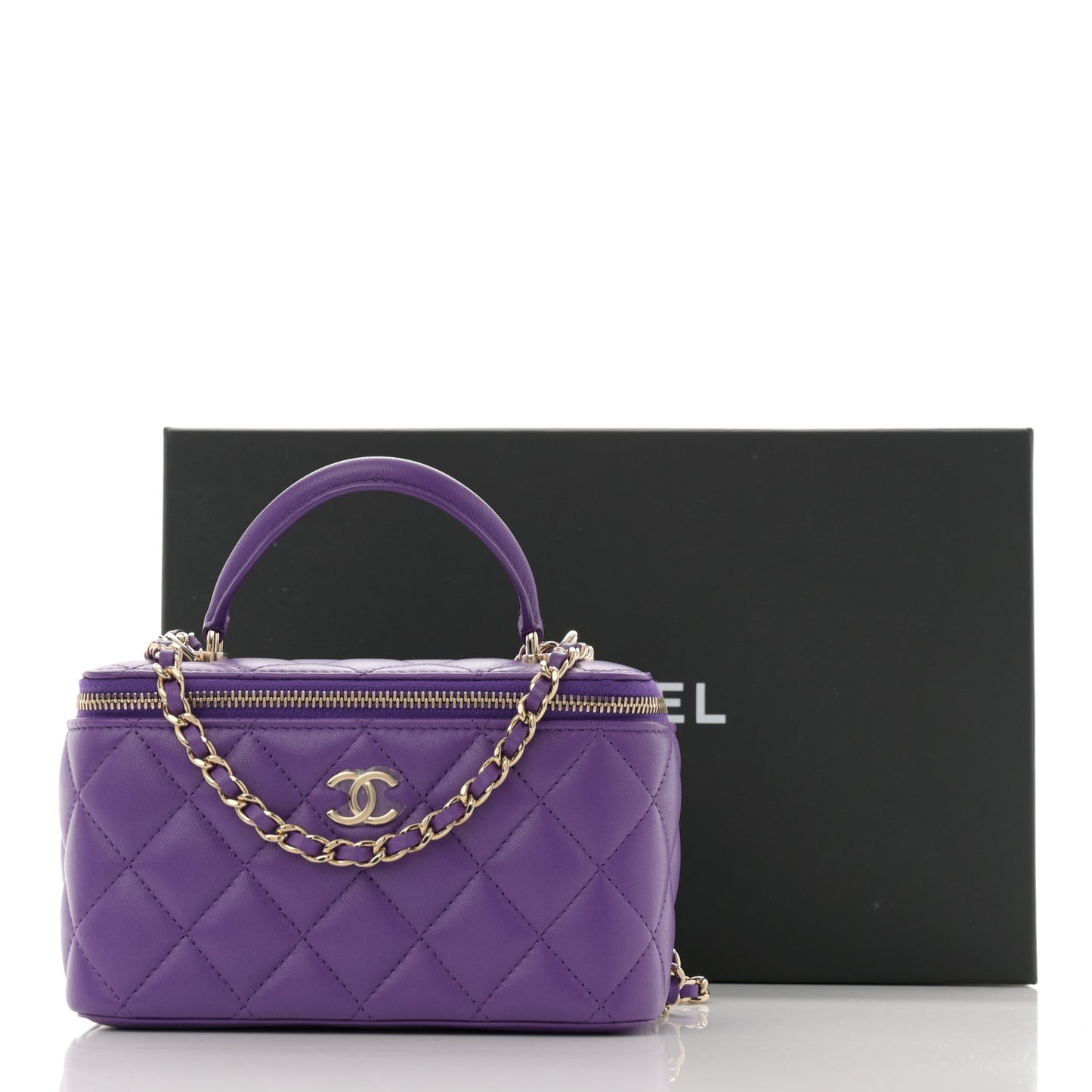 Lambskin Quilted Small Top Handle Vanity Case With Chain Purple