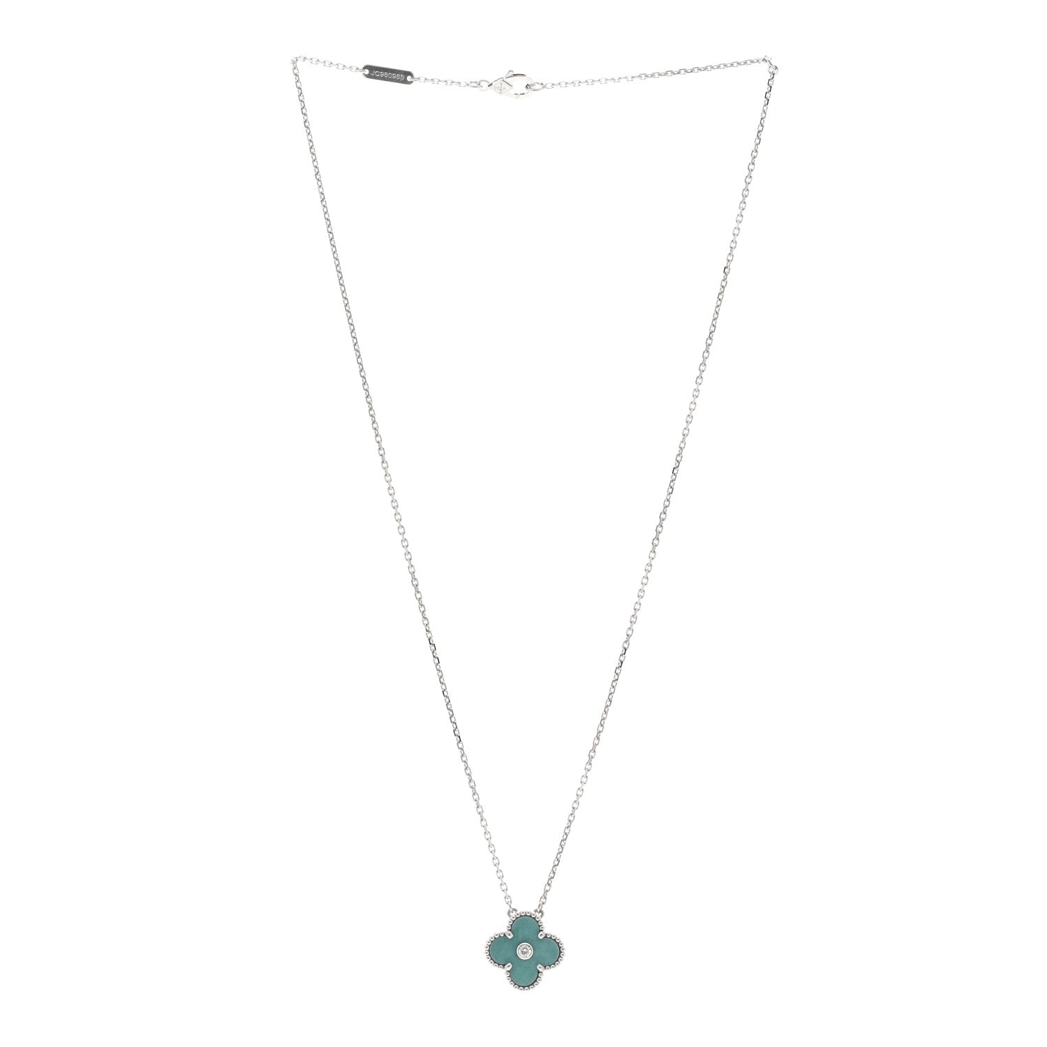 Van Cleef & Arpels 18K White Gold Diamond Celadon Green Sevres Porcelain Vintage Alhambra Pendant Necklace 3 of 4