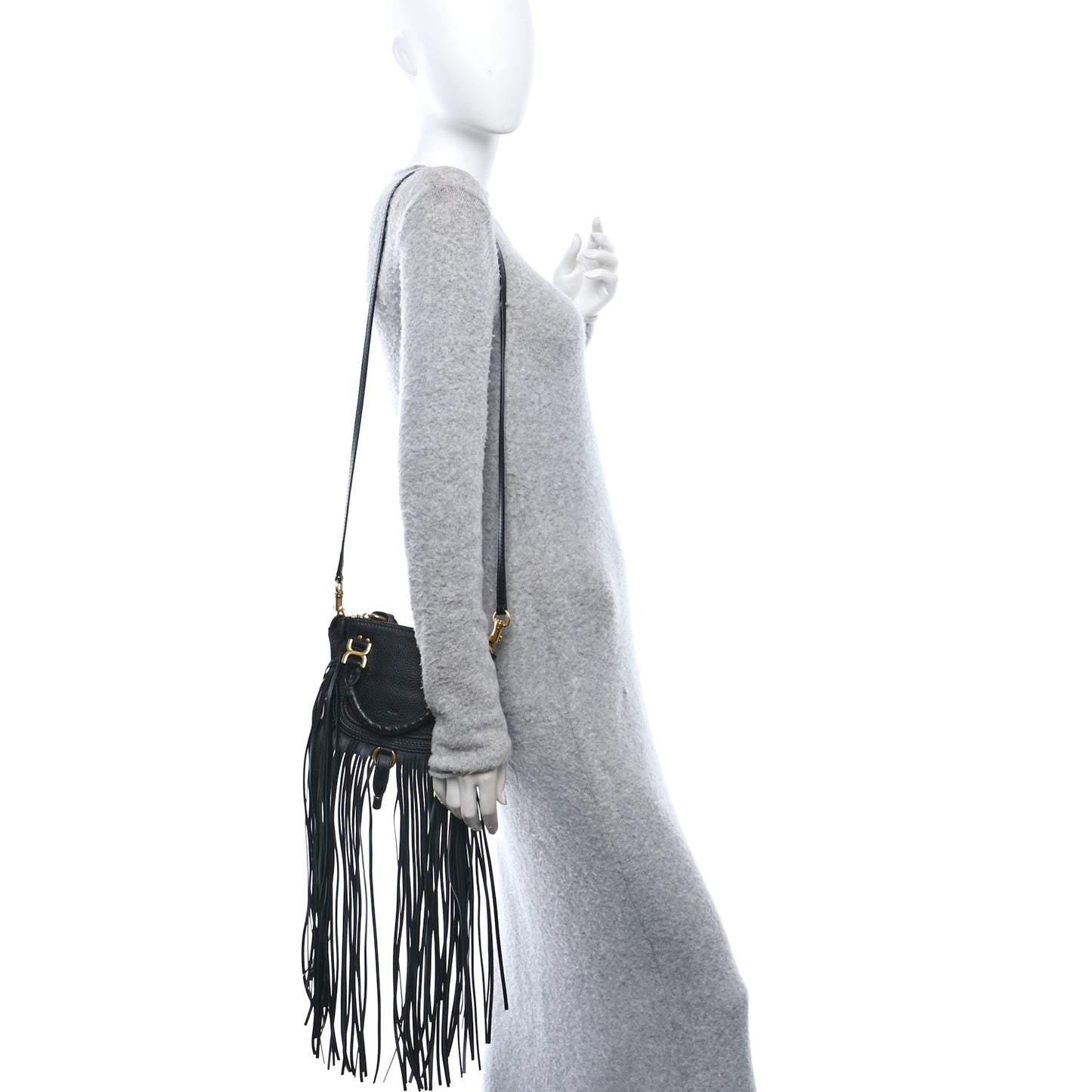 Shiny Small Grain Calfskin Mini Marcie Multi Fringe Satchel Black