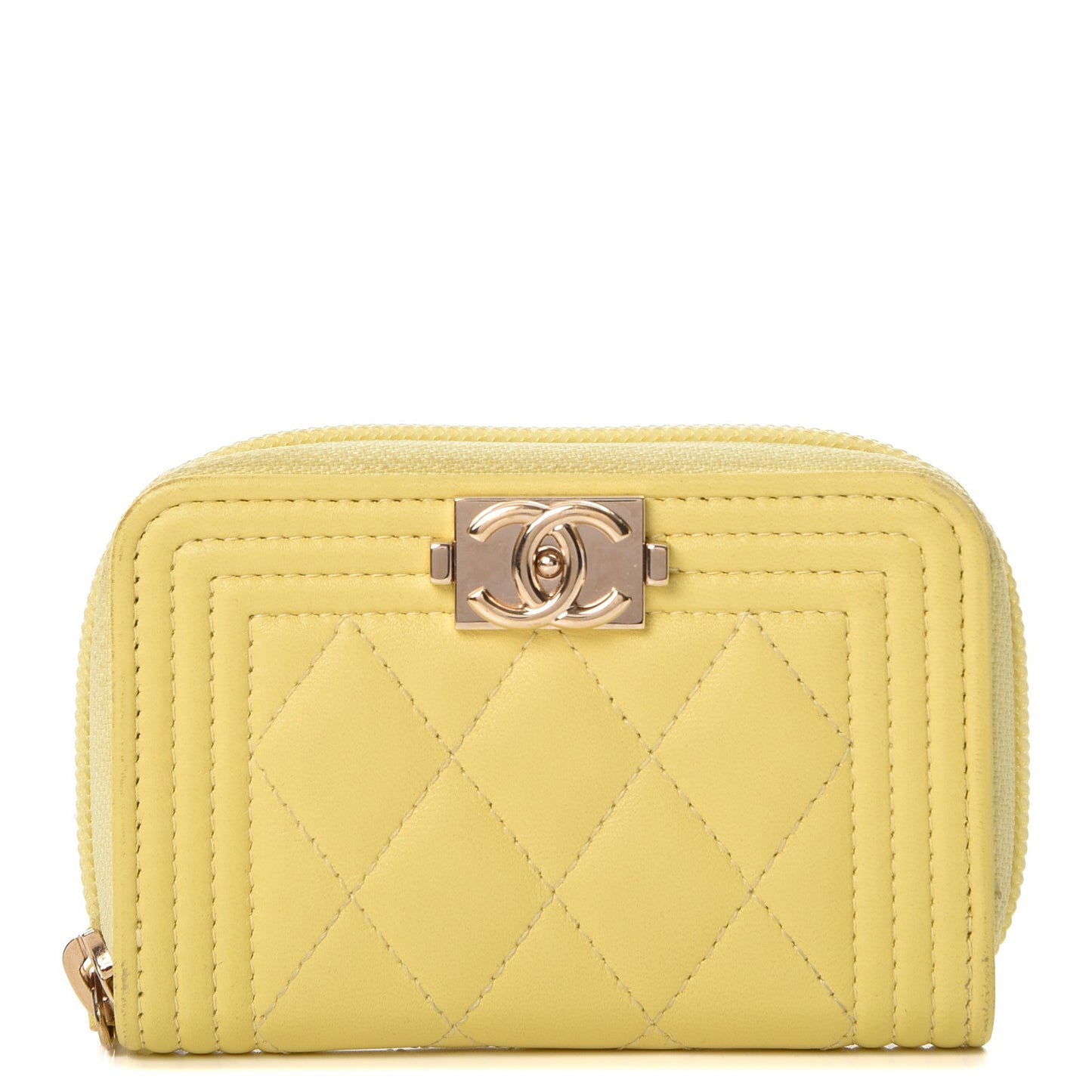 Lambskin Quilted Boy Zip Around Coin Purse Wallet Yellow