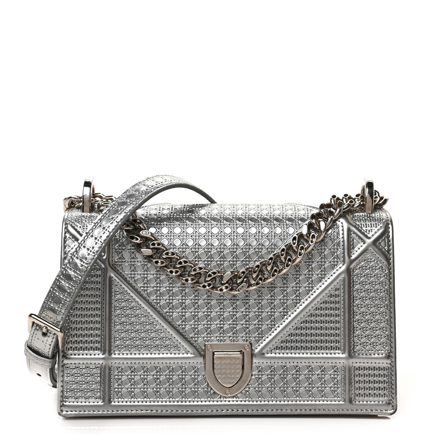 Christian Dior Metallic Patent Micro-Cannage Medium Diorama Flap Bag Silver 1 of 8