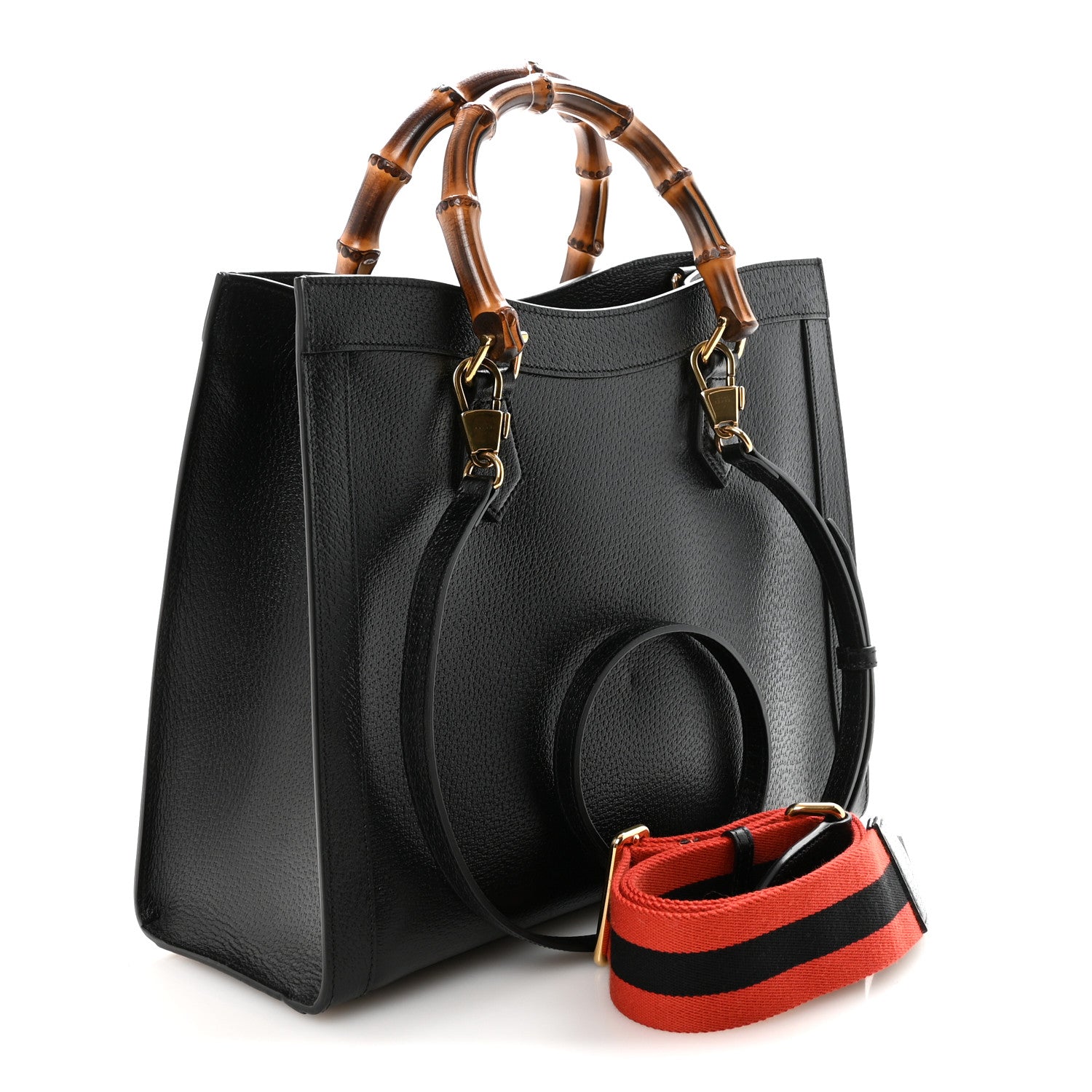 Gucci Textured Dollar Calfskin Web Medium Diana Tote Bag Black Dusty Grey 3 of 9